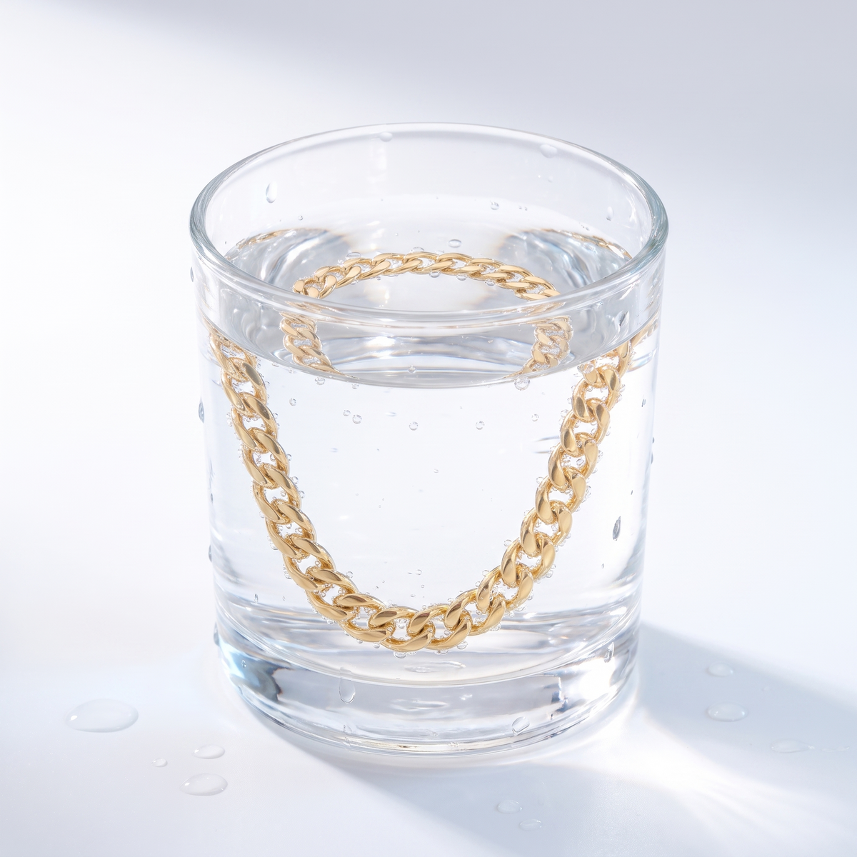 Pulsera de cadena cubana fina bañada en oro de 18K en un vaso de agua