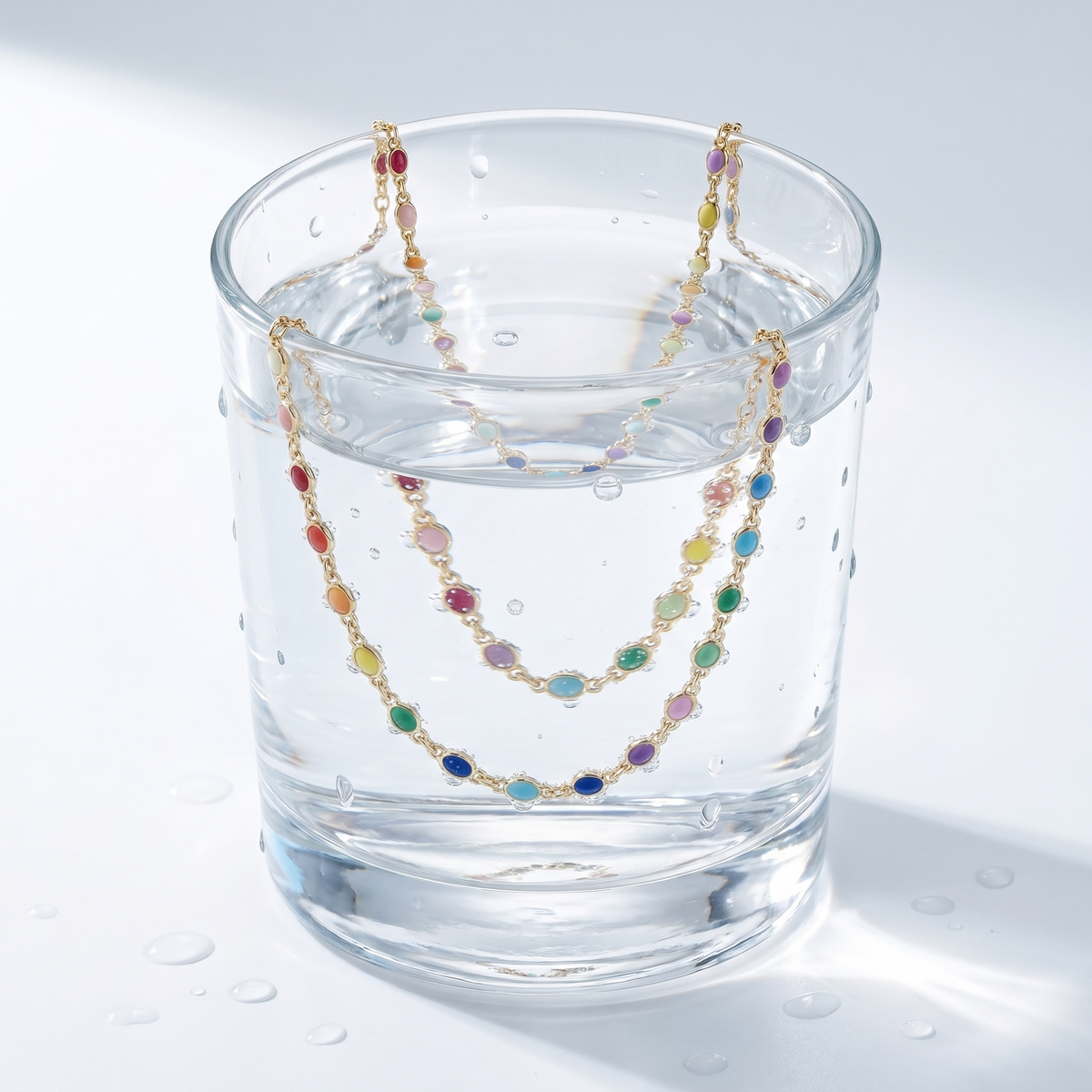 Gargantilla arcoíris de piedras de colores bañada en oro de 18K en un vaso de agua