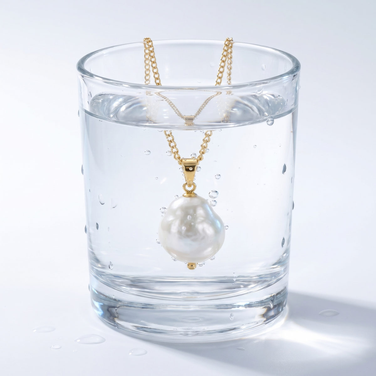 Collar con perla barroca grande bañado en oro de 18K en un vaso de agua