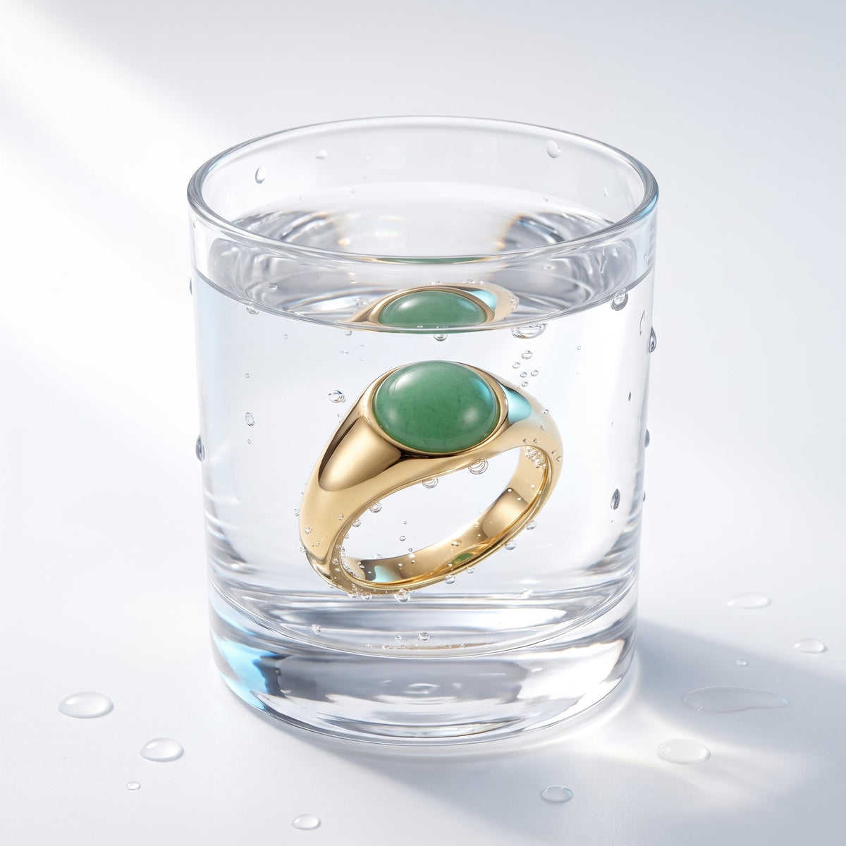 Anillo sello con piedra verde bañado en oro de 18K en un vaso de agua