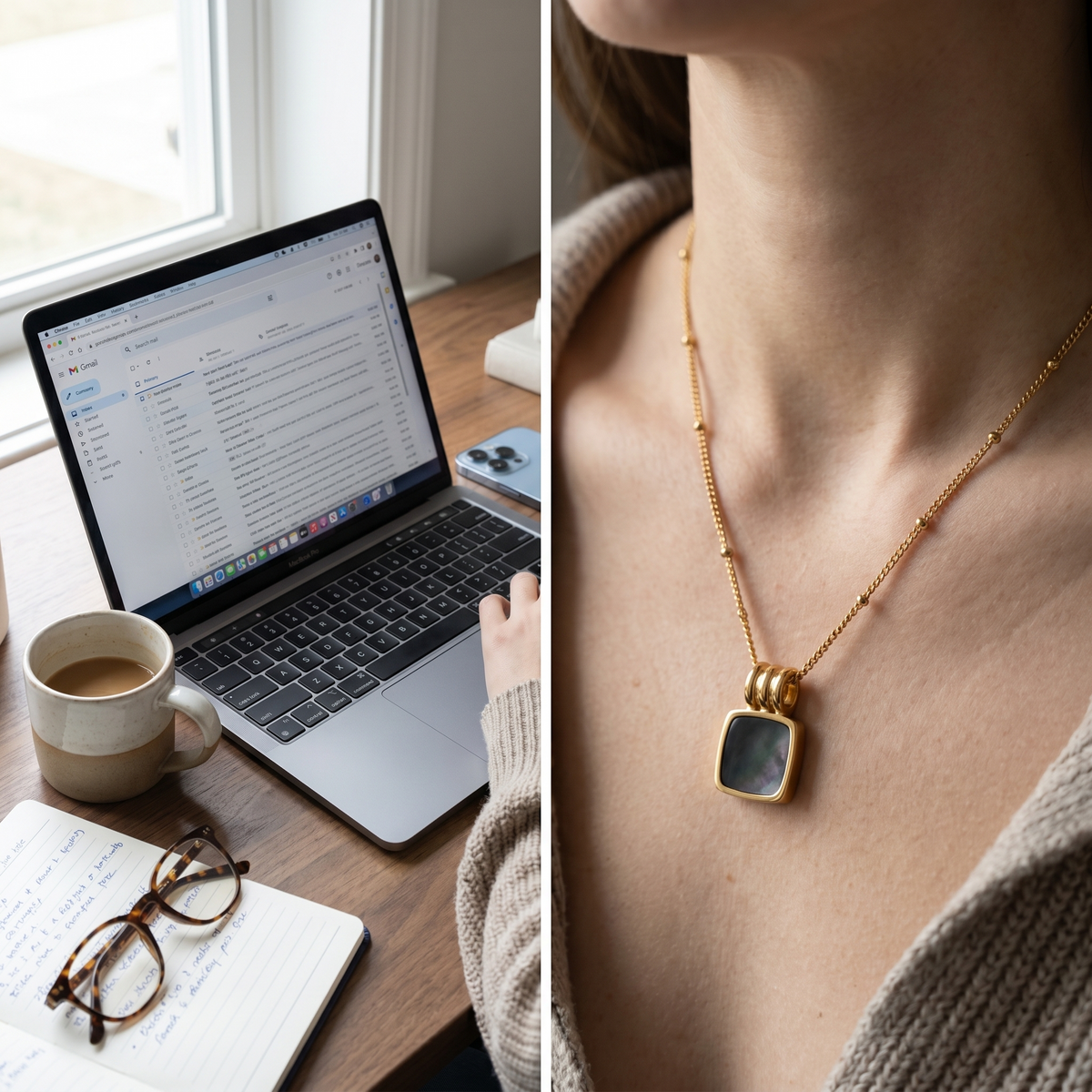 Collar con colgante de concha negra bañado en oro de 18K puesto en un look de diario