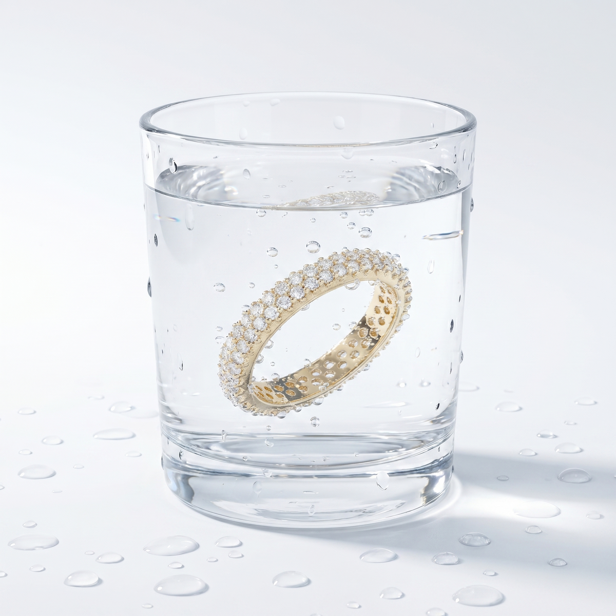 Anello sottile midi twist placcato oro 18K in un bicchiere d'acqua