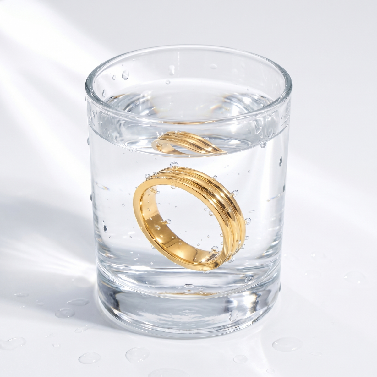 Anello triplo da cerimonia placcato oro 18K in un bicchiere d'acqua