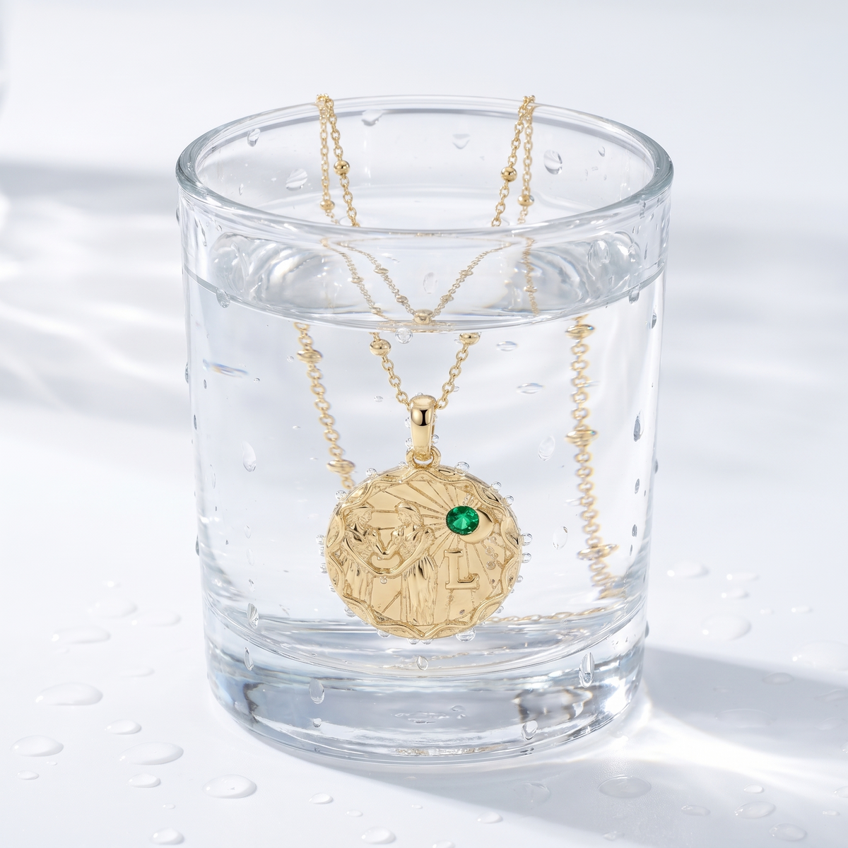 Collar zodiaco personalizado bañado en oro de 18K en un vaso de agua