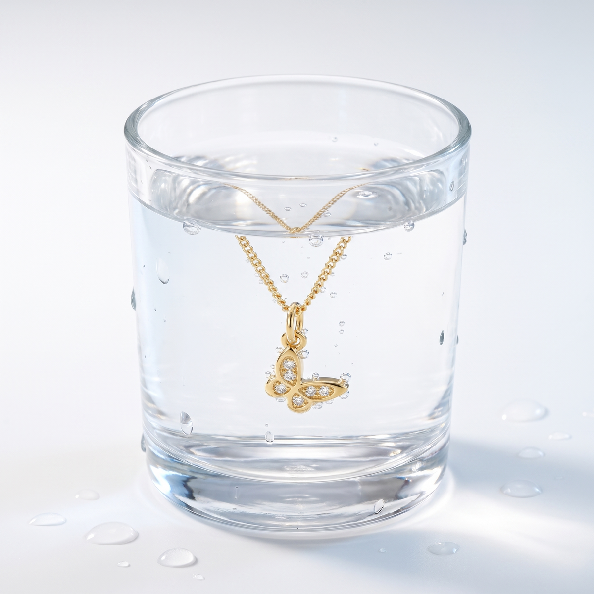 Collar con mariposa bañado en oro de 18K en un vaso de agua