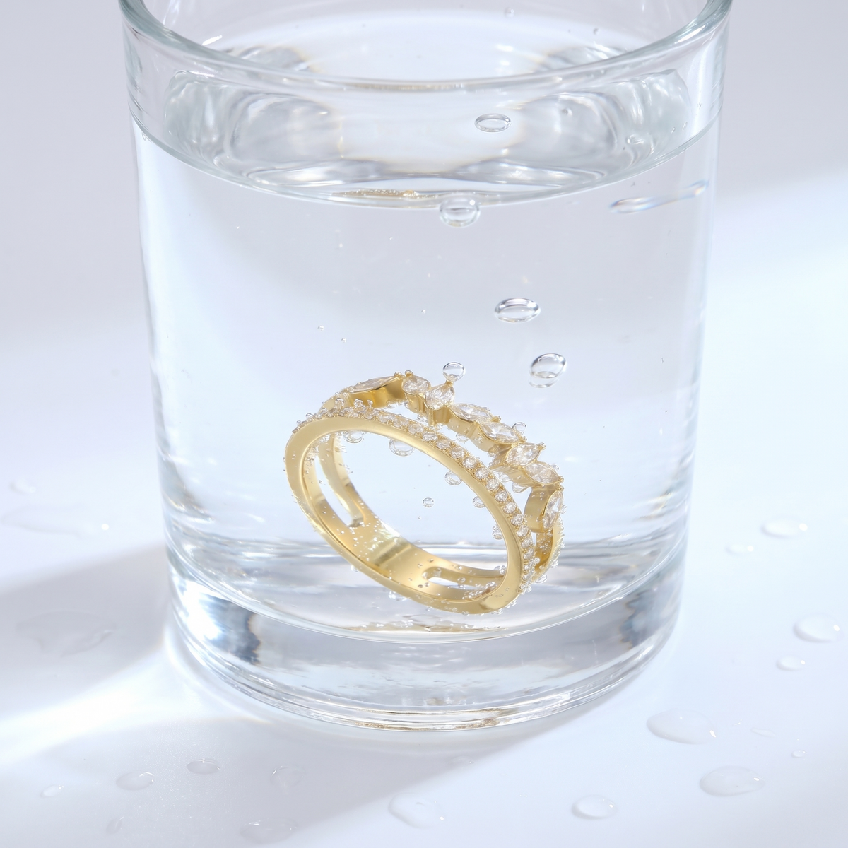 Anillo flor pavé con cristal bañado en oro de 18K en un vaso de agua