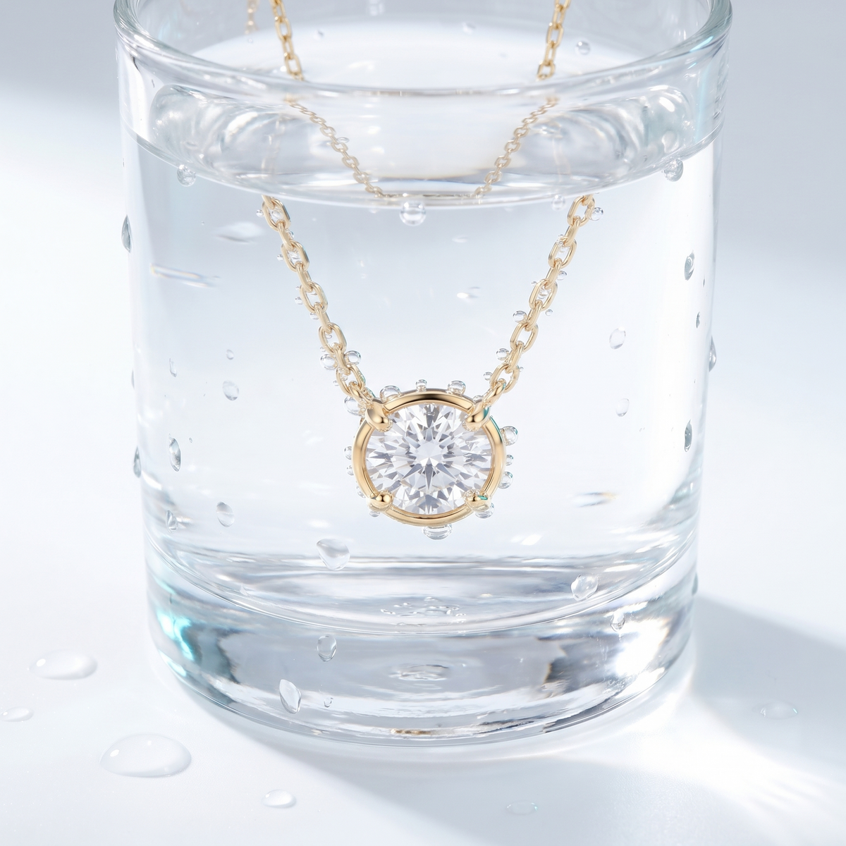 Collar punto de luz mini con circonita bañado en oro de 18K en un vaso de agua