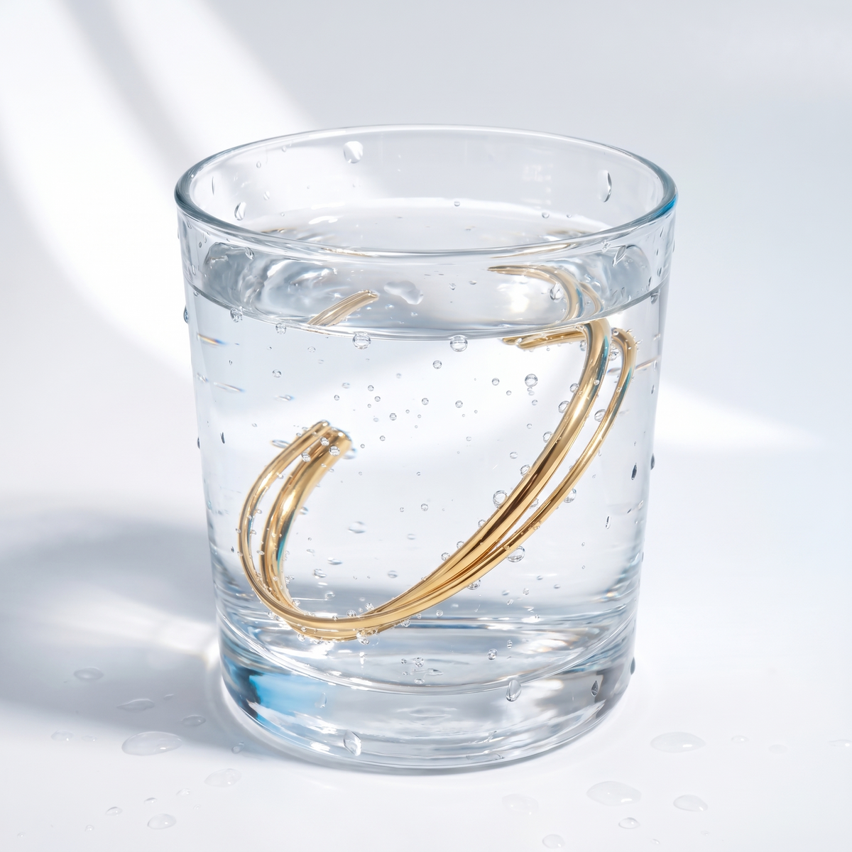 Brazalete rígido cruzado bañado en oro de 18K en un vaso de agua