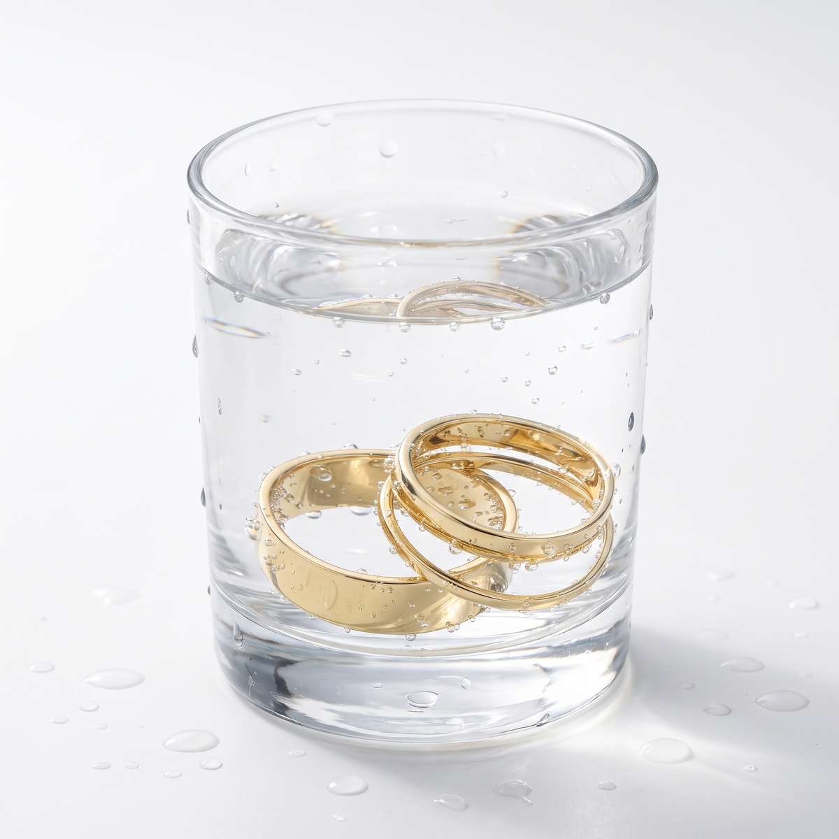 Set de 3 anillos lisos para apilar bañados en oro de 18K en un vaso de agua
