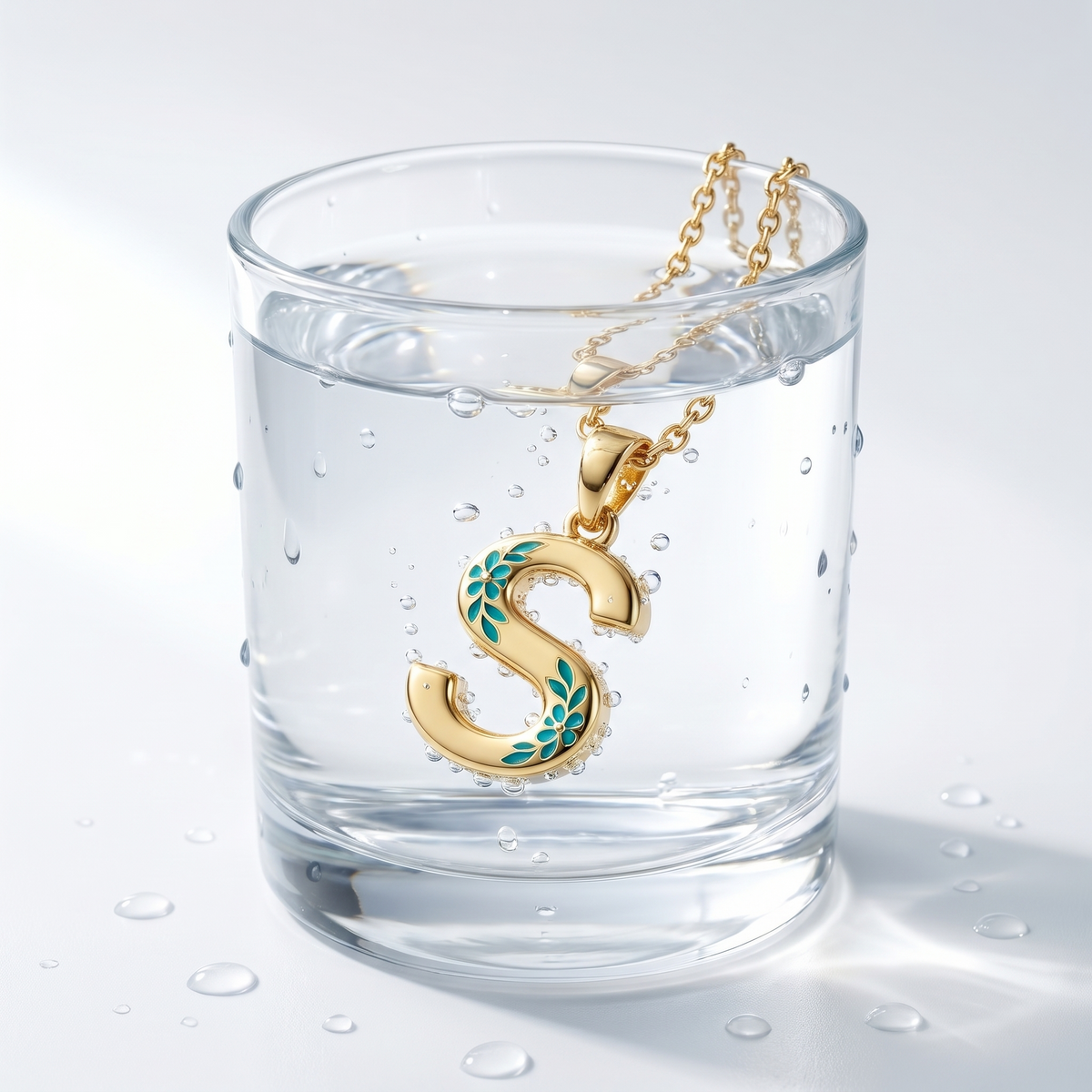 Collar con inicial en cursiva bañado en oro de 18K en un vaso de agua
