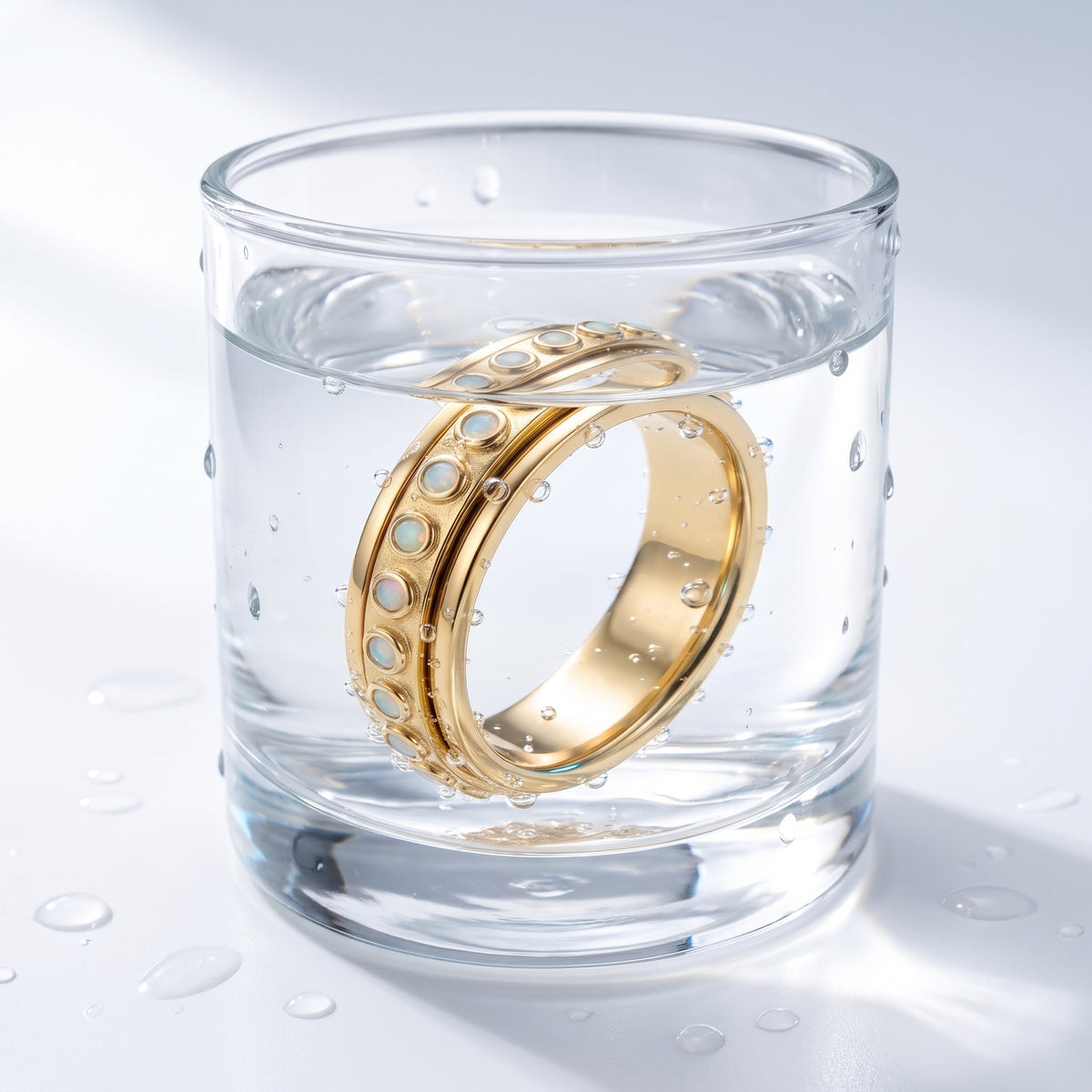 Anillo antiestrés giratorio bañado en oro de 18K en un vaso de agua