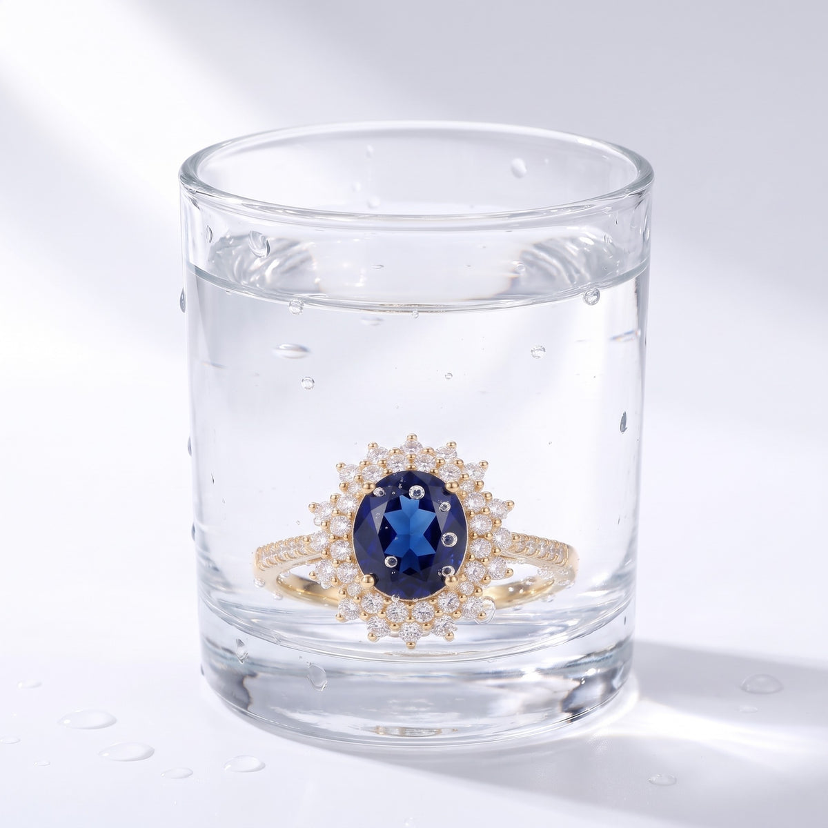 Anello con pietra blu e zirconi placcato oro 18K immerso nell'acqua