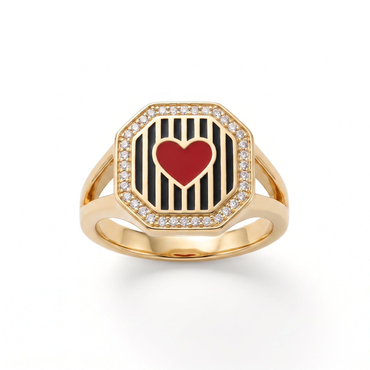 Anillo corazón rojo vintage bañado en oro de 18K visto desde arriba