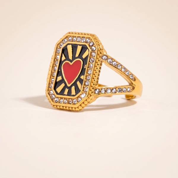 Anello cuore rosso vintage placcato oro 18K