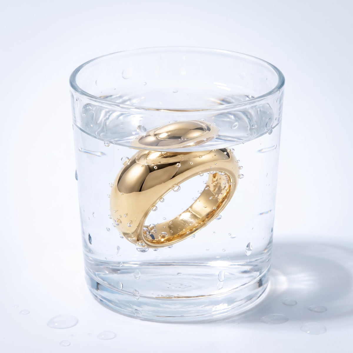 Anello bombato a cupola liscio placcato oro 18K in un bicchiere d'acqua