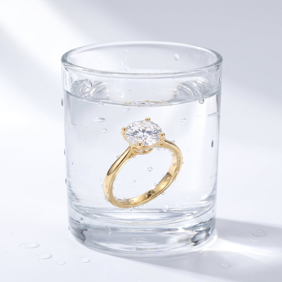 Anello solitario con zircone placcato oro 18K in un bicchiere d'acqua