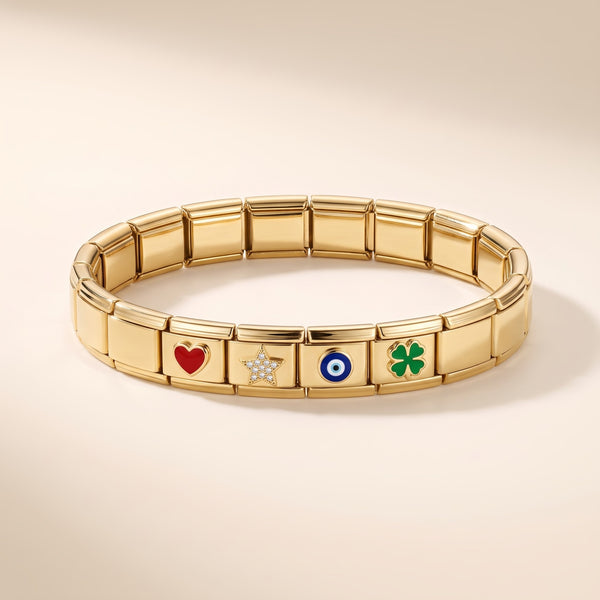 Pulsera modular con charms bañada en oro de 18K
