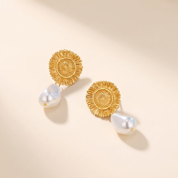 Orecchini sole e perla pendenti placcati oro 18K