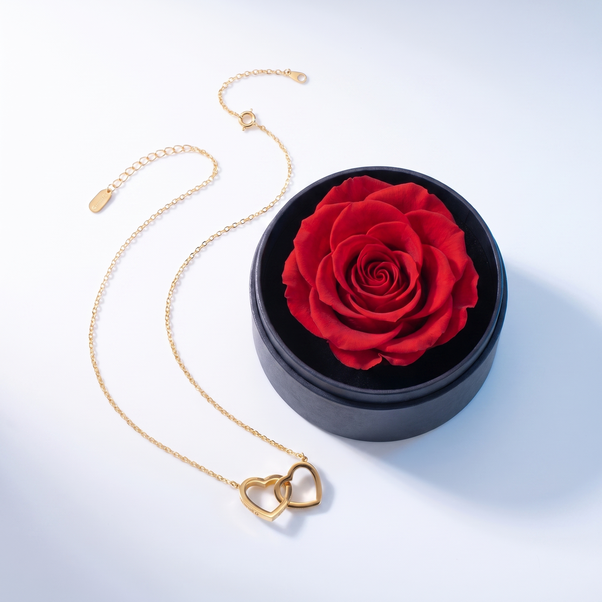 Set regalo de rosa preservada y collar de corazones visto desde arriba