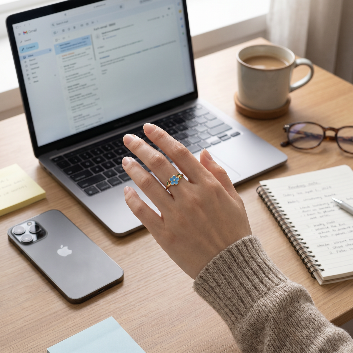 Anillo flor ajustable bañado en oro de 18K puesto en un look de diario