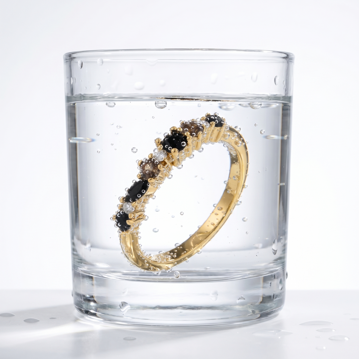 Anillo eternity de obsidiana negra bañado en oro de 18K en un vaso de agua