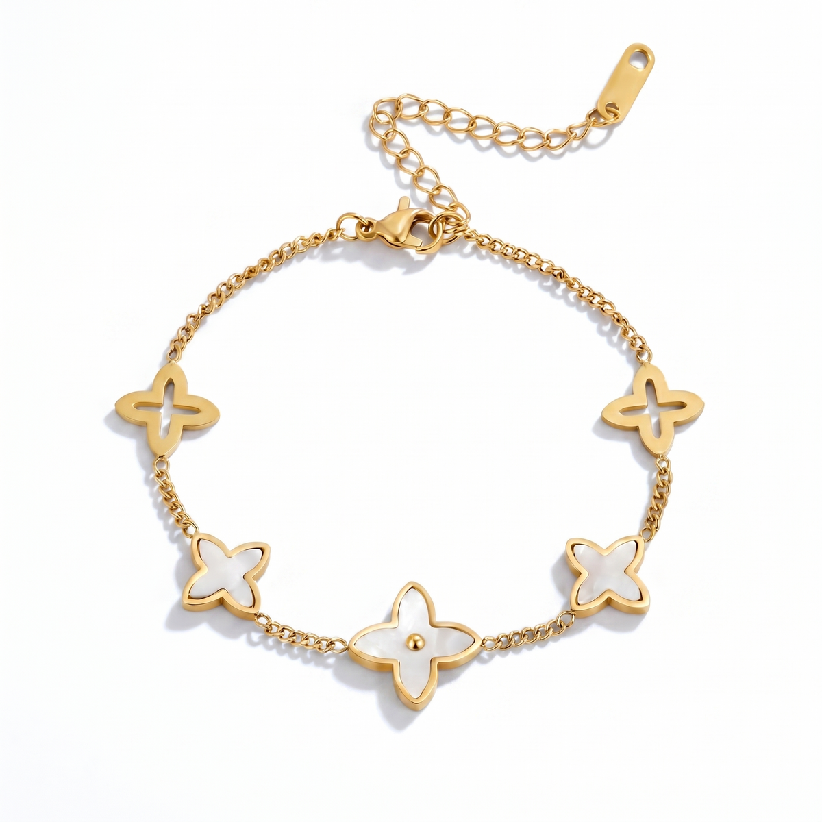 Bracciale quadrifoglio madreperla placcato oro 18K visto dall'alto