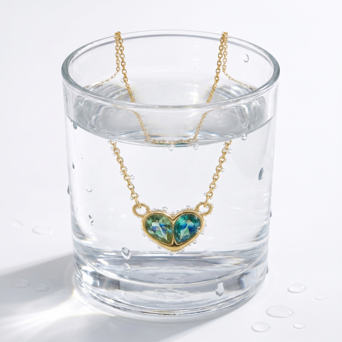 Collar corazón verde esmeralda bañado en oro de 18K en un vaso de agua