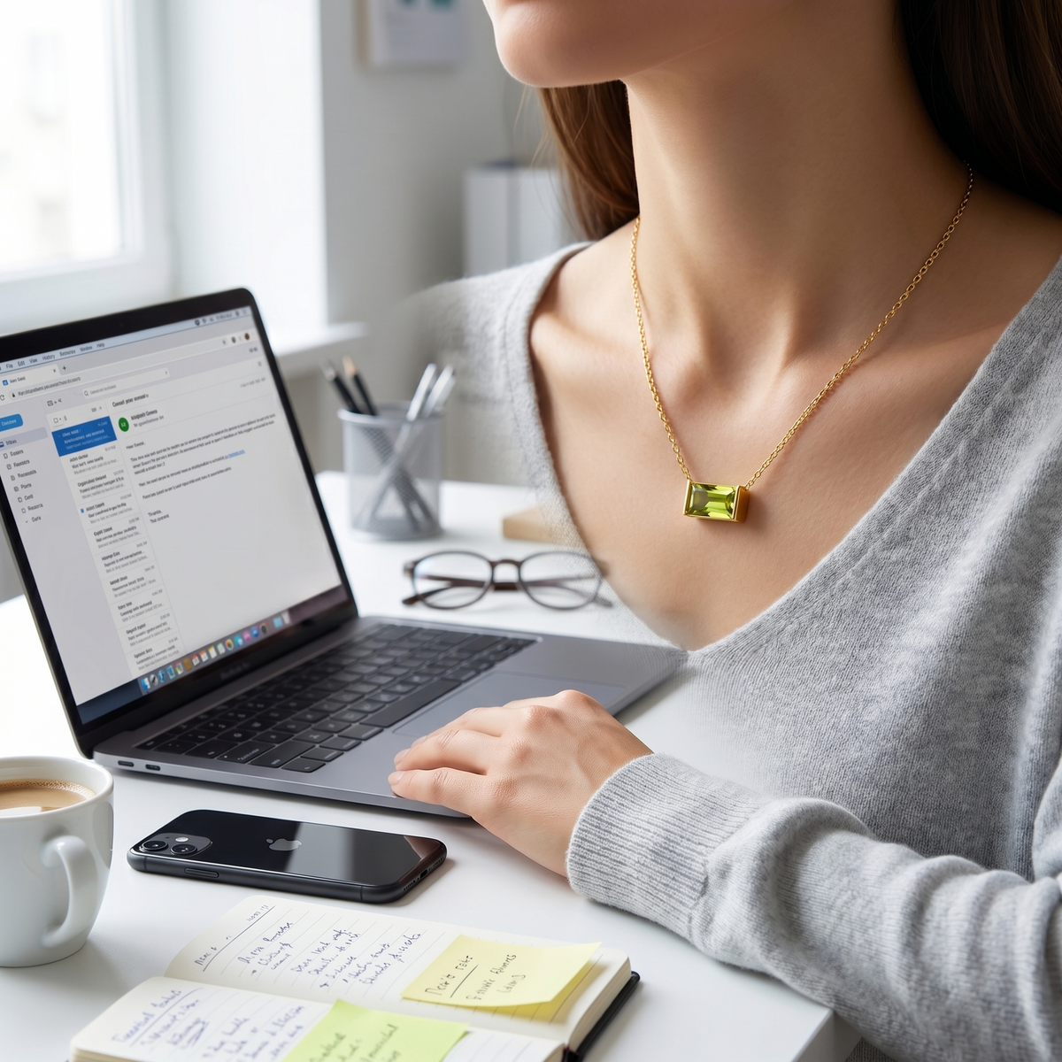 Collana peridoto baguette placcata oro 18K indossata in un look di tutti i giorni