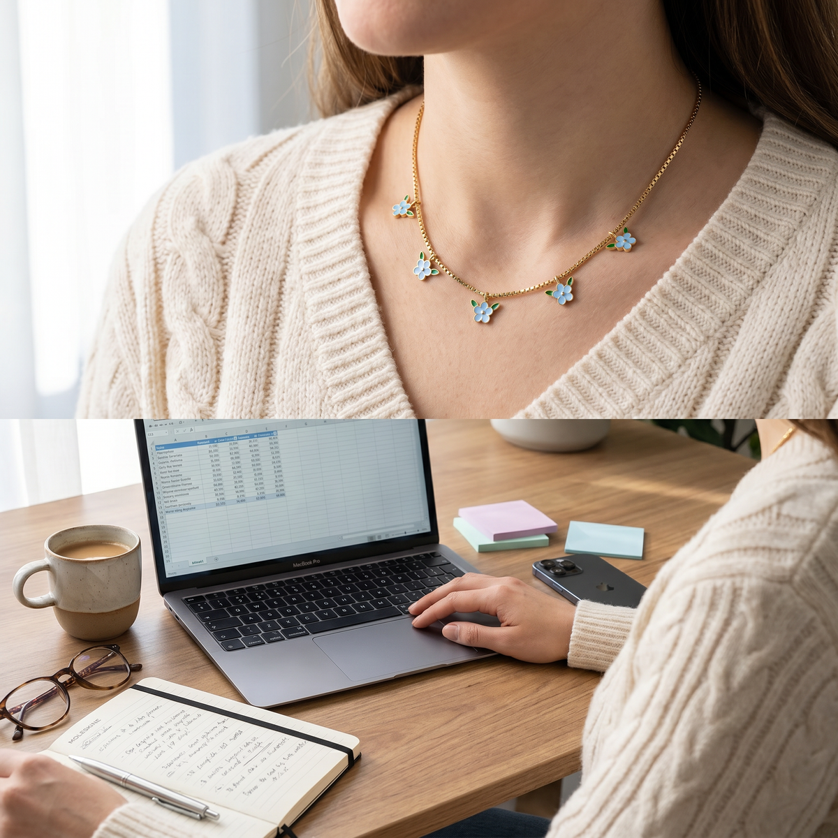 Collana tennis con fiore placcata oro 18K indossata in un look di tutti i giorni