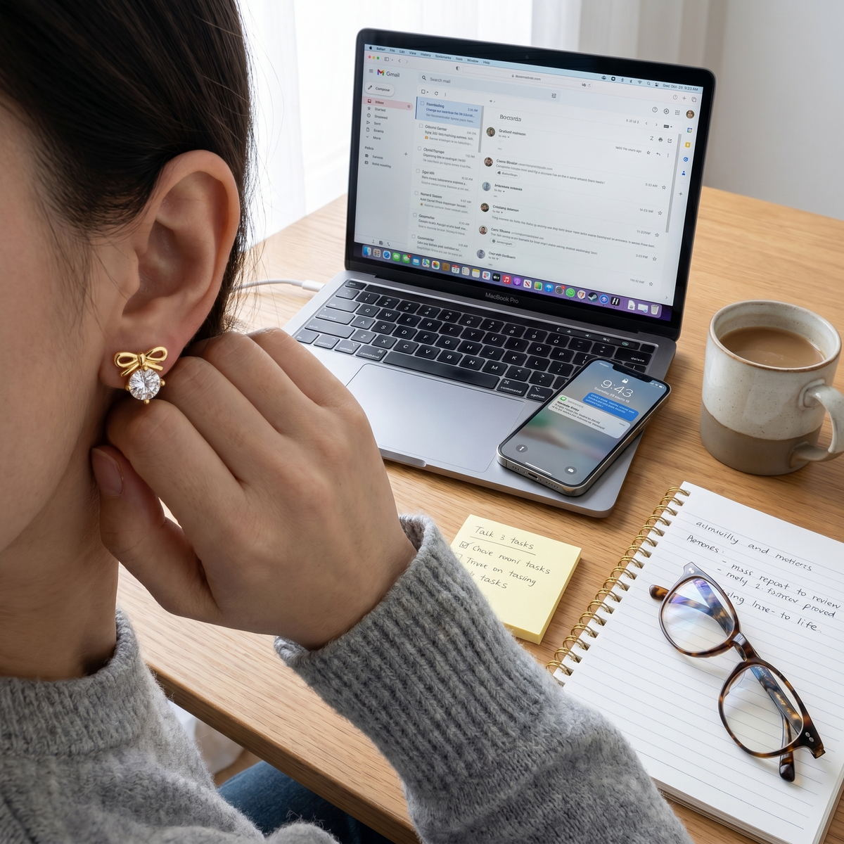 Orecchini fiocco con cristallo placcati oro 18K indossati in un look di tutti i giorni