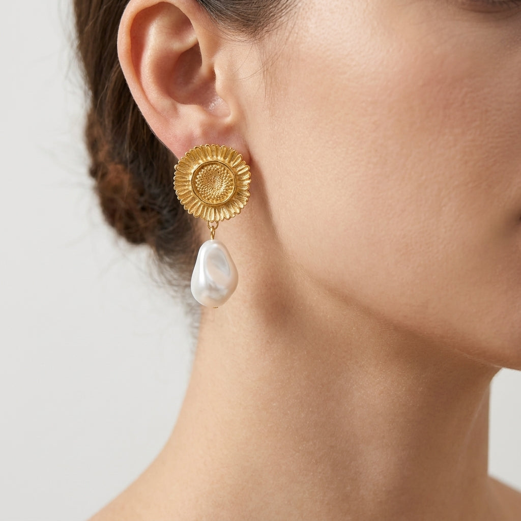 Pendientes colgantes de sol y perla bañados en oro de 18K puestos, primer plano
